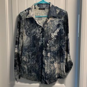 David Cline snap closure blue and white blouse/shirt